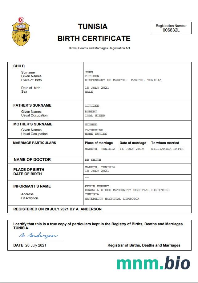 Tunisia rekord życiowy narodziny certyfikat Word i PDF szablon